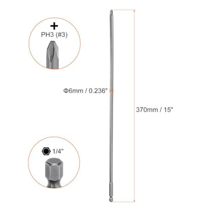 HARFINGTON 2pcs #3 Phillips Screwdriver Bit PH3 1/4" Hex Shank 15" (370mm) Long Magnetic S2 Steel Industrial Grade Screw Driver Bit Cross Head Electric Drill Bits 0.236" (6mm) Rod - size: PH3 x 370mm x 6mm
