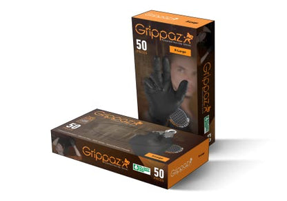 Grippaz 6 Mil Thick Black 100% Nitrile Disposable Gloves, Patented Fish Scale Grip, Touch Screen Capable - size: Large