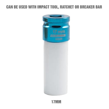 OEMTOOLS 25565 17MM Lug Nut Socket, 1/2" Drive 17 mm Socket for Wheel Service, Non-Marring Sleeve, Thin Wall, CR-MO Steel for Impact Tools, 400 Ft-Lb Max Torque - size: 17mm (1 Piece)