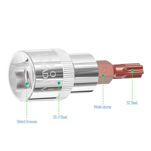 3 Pieces 3/8-Inch Drive T25 Torx Bit Socket, S2 Steel Bits, Heat Treated CR-V Steel Star Sockets 1.9" Length - size: T25