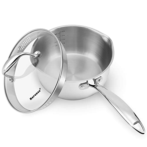 Rorence 3-Quart Saucepan with Lid: Pour and Strain Stainless Steel Sauce Pan with Pour Spouts, Capsule Bottom & Tempered Glass Lid - size: 3 Quart