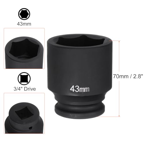 HARFINGTON 6-Point Impact Socket 3/4" Drive 43mm Metric 40Cr Alloy Steel Spindle Axle Nut Impact Socket - size: 43mm