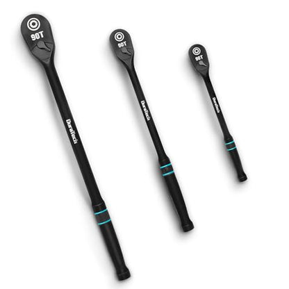 DURATECH 3-Piece Extra Long Drive Ratchet Handle, 1/4", 3/8", 1/2" 90-Tooth Ratchet Wrench with Dust Proof Teardrop Enclosed CR-MO Head, Reversible, CR-V Made, 4° Swing, Black Mn Phosphate Finish - size: 3-Piece(1/4", 3/8", 1/2")