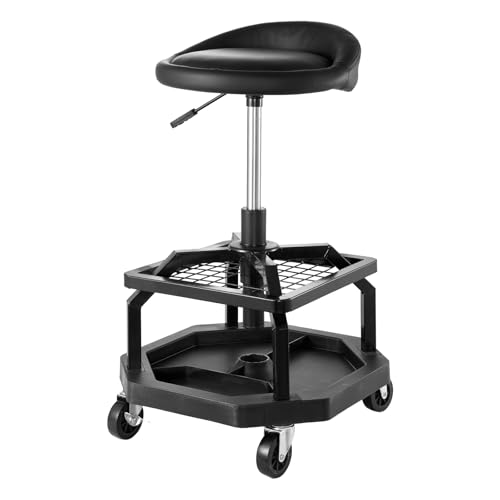 VEVOR Industrial Black Pneumatic Garage Seat/Work Stool with 300 lbs Capacity, Adjustable Height Roller Creeper Seat, 360 Swivel Padded Workshop Stool with Casters, for Garage, Shop & Auto Repair - color: Black