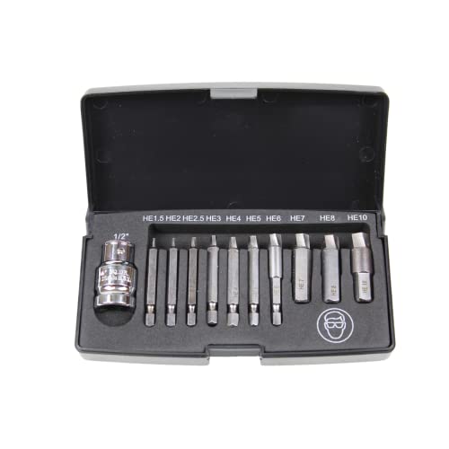 K Tool International 75422 Hex Screw Extractor Set for Garages, Repair Shops and DIY, Silicon Alloy Steel, Heat-treated, Chrome-plated, (3) 1/4", (3) 10mm, (1) 1/2" Drives, Damaged Screws, Molded Case
