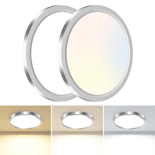 hepside 2PACK LED Flush Mount Ceiling Light, 3000K-4000K-6500K 3 Color Temperatures & 100W Equivalent Modern Kitchen Recessed Ceiling Lamp 15W 1500Lm 7Inch for Bathroom Closet Laundry Bedroom - color: Brushed Nickel, size: 7Inch-2pack