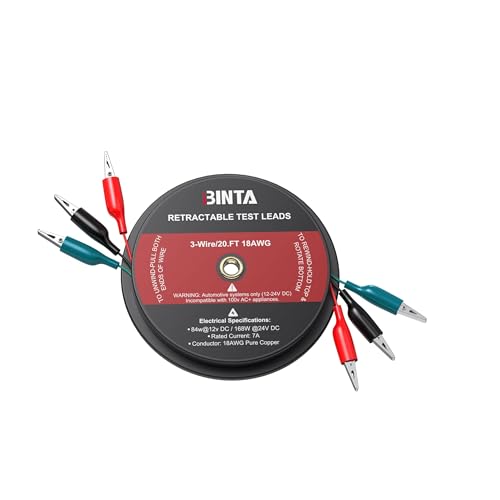 BINTA 3 Wire 20 Ft Retractable Test Leads, Red/Black/Blue Alligator Clip Test Leads, 18 AWG Gauge Wire for Electrical Testing, Cars, Trailers