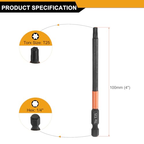 HARFINGTON 3pcs T25 Torx Head Screwdriver Bit 4" (100mm) Long 1/4" Hex Shank Magnetic No Hole Tamper Proof 6 Point Star Screw Driver Drill Bits Phosphate S2 Steel Industrial Power Tools - size: T25 x 100mm