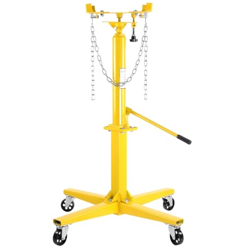 JEGS Transmission Jack | Hydraulic | Adjustable | 1000 LBS Capacity | High-Lift Handle Operated | Adjustable Load Arms | Yellow Steel Frame | 4 Caster Wheel Design | Adjustable Hydraulic Transmission Jack for automotive tools garage applications; steel co