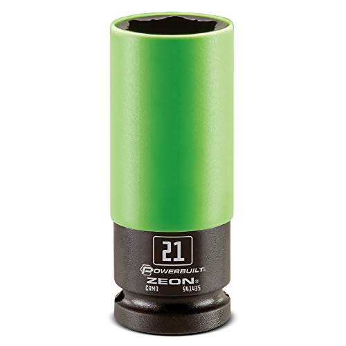 Powerbuilt 21mm Zeon Lug Nut Socket, 1/2" Drive – Impact Rated Chromoly Steel for Damaged & Rounded Lug Nuts, Patented Design Grips up to 85% Rounded, Includes Protective Wheel Saver Sleeve - 941435M - size: 21 mm