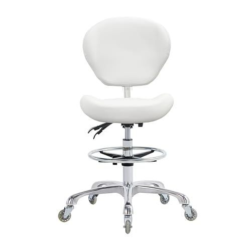 Grace&Grace Drafting Chair Adjustable Tall Shop Stool, Rolling Stool with Back Support for Studio, Classroom, Lab, Counter, Medical (White) - color: White
