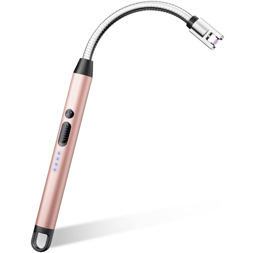 VEHHE Long Lighters Rechargeable with Safety Switch, USB C Lighter with 360° Flexible Neck, Windproof Flameless Plasma Arc Lighter with Led Battery Display for Fireworks BBQ Camping (Rose Gold) - color: Rose Gold