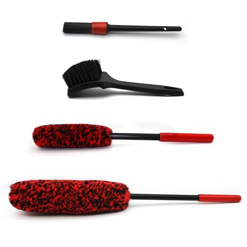 Wheel Brush Kit for Cleaning Wheel and Tire, 2 Soft Bendable Wheel Woolies Cleaning Brush, Stiff Tire Brush, Detailing Brush, Flexible&Durable Wheel Rim Cleaner Brush Set (Red)