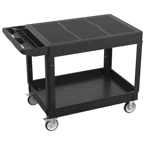Large Garage Flat Top Utility Cart, Heavy Duty 2 Shelf Tool Cart Service Cart Rolling Push Carts with Ergonomic Handle 5" Swivel Casters - color: Black, size: 46 x 25 Inch