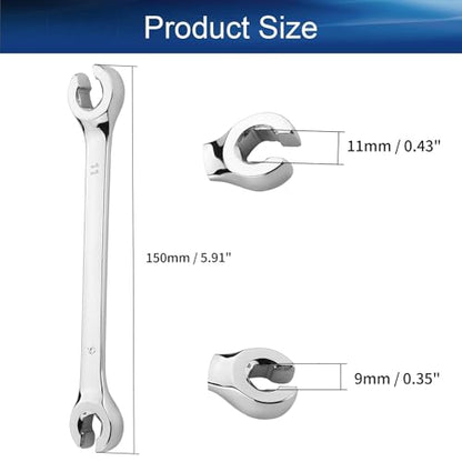 Auniwaig 9mm x 11mm Flare Nut Wrench Metric Double Open End | 15° Offset Ends, For Auto, Household, DIY Repairs - size: 9x11mm