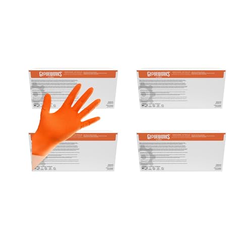 GLOVEWORKS Orange Nitrile Work Gloves, 8 Mil Disposable Heavy Duty, Raised Diamond Grip Mechanic Glove, Small 4 Cases of 1000 - size: Small, style: 4 Cases of 1000