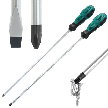 12-Inch Extra Long Slotted & Phillips Screwdriver Set, PH2 Magnetic Tip Flat Blade Cross-head Screwdrivers with Green Rubber Handle (2-Pack) - size: Slotted & Phillips (Green)