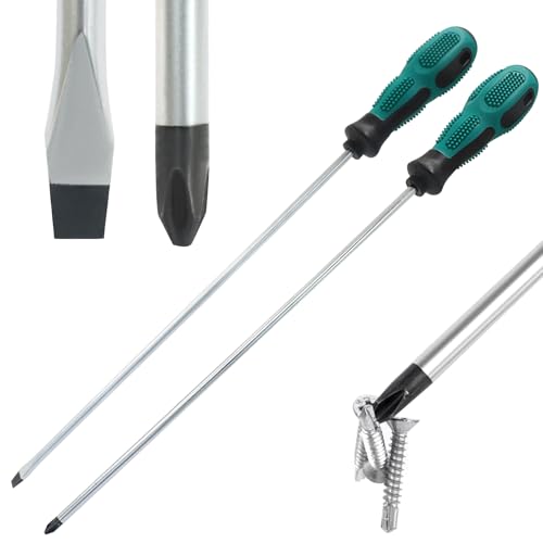 12-Inch Extra Long Slotted & Phillips Screwdriver Set, PH2 Magnetic Tip Flat Blade Cross-head Screwdrivers with Green Rubber Handle (2-Pack) - size: Slotted & Phillips (Green)