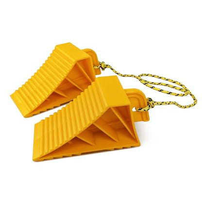 HOXWELL 1 Pair Wheel Chocks with Rope & Handle Design for Travel Trailers, Non Slip Yellow Wheel Chock, Lightweight Wheel Stoppers for Cars Campers Trucks RVs, Easy to Carry - color: Yellow-1 Pair