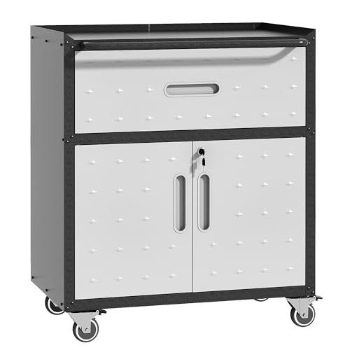 Metal Mobile Tool Storage Cabinet with Wheels,Heavy Duty Rolling Tool Cabinets for Garage,Metal Storage Cabinets with 2 Locking Doors and 1 Drawer,Assembly Required - color: Black/Gray, style: 1 drawer 2 doors with wheels