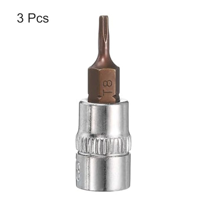 uxcell 3pcs 1/4" Drive x T8 Torx Bit Socket, S2 Steel Bits CR-V Sockets 38mm Length Use with Ratchet Wrench, Slide Bar, Extension Rod - size: T8
