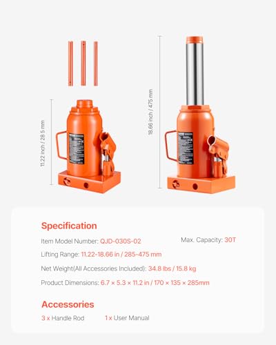 VEVOR Hydraulic Bottle Jack, 30 Ton/66138 lbs Welded Bottle Jack with 11.22''-18.66'' Lifting Range & 3-Section Long Handle, for Car, Pickup, Truck, RV, Auto Repair, Industrial Engineering - size: 30T