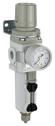 PneumaticPlus SAW300-N03BG-MEP Compressed Air Filter Regulator Piggyback Combo 3/8" NPT - Metal Bowl, Manual Drain, Bracket, Gauge - style: Metal Bowl - Manual Drain