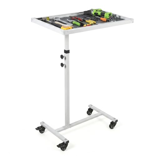 Adjustable Work Table with Wheels, 220 LBS Capacity Rolling Tool Tray | White, Heavy Duty Mobile Workbench with Non-Slip Mat, Carbon Steel Mechanic Tool Cart for Garage Tear Down & DIY - color: White