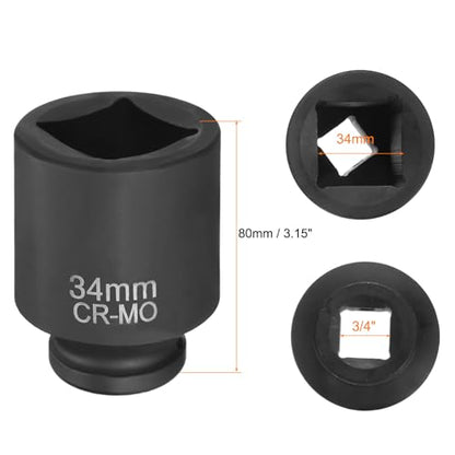 HARFINGTON 4 Point Square Socket 3/4" Drive 34mm Metric Square Impact Socket CR-MO Blackening Standard Wheel Sleeve Pneumatic Sleeve Tool for Auto Repair Mechanical Maintenance Home Use - size: 3/4"/34mm