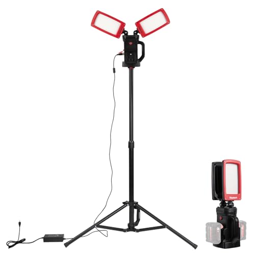 12000LM 85W Corded and Cordless LED Work Light with Tripod, Compatible with MILWAUKEE DEWALT MAKITA 18-21V Battery, Dual-Head Adjustable Jobsite Light, Flicker-Free for Auto Repair Electrical - color: Red, size: Power Adapter Included