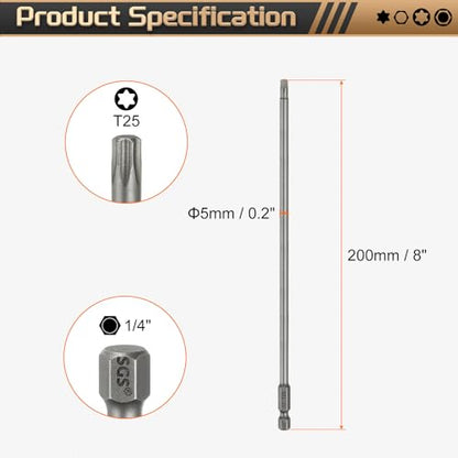 HARFINGTON 5pcs T25 Torx Head Screwdriver Bit 1/4" Hex Shank 8" (200mm) Long Magnetic No Hole Tip Tamper Proof 6 Point Star Screw Driver Drill Bits S2 Steel Industrial Power Screwdrivers - size: T25 x 8"(200mm)