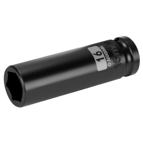 1/2 Inch Drive x 16mm Deep 6PT CR-MO Impact Socket for Removing Axle nut | Metric Socket,6-Point Radius Corner Design,Two Size Markings,Square Chamfered Opening,For Removal of Axle Nut - size: 16 mm, style: 1/2" Drive Deep Socket