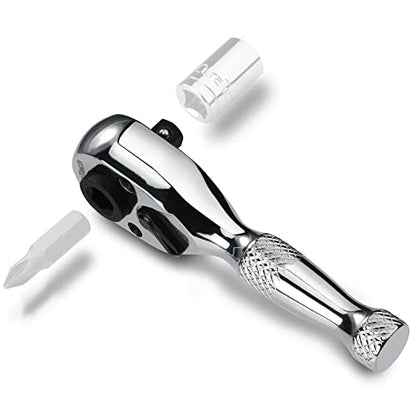 DURATECH 1/4-Inch Stubby Ratchet Wrench, Socket&Bit Driver, 72-Tooth, Chrome Alloy Made, Chrome Plated Finish - style: 1/4" Dual Head Ratchet