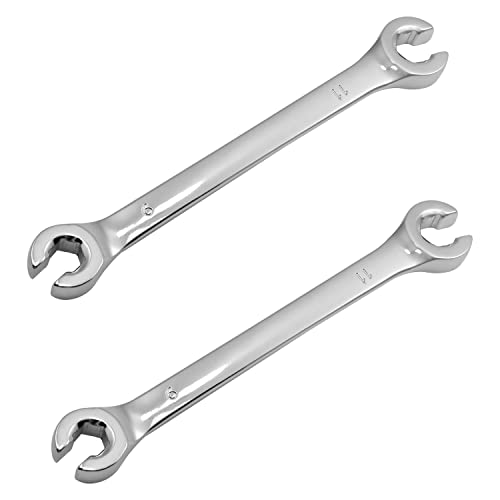 Auniwaig 2-Piece Flare Nut Wrench 9mm x 11mm, Metric, Polished Chrome Plated for Removing or Replacing Nuts on Fuel, Brake or Air Conditioning Lines - size: 9x11mm