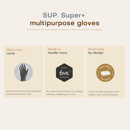 SUPER+ Black Nitrile Gloves HEAVY DUTY 6 Mil Disposable Chemical Resistant Powder & Latex Free Medical Food Safe, 60/600 Ct - color: Medium (Black)
