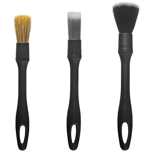 Detailing Brush Set, 3Pack Car Detailing Brushes for Dashboard Engine Bay Air Vents Leather Seat Wheel Vehicle Motorcycle Boars Hair Interior Detail Brush with Conversion Elbow, Black - color: Black