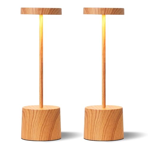 Kakanuo Wooden Rechargeable Cordless Lamp - Touch Control, 3 Color Temperature, LED Outdoor Wireless Lamp, Battery Operated Lamps, Stepless Dimmable, Set of 2 - color: Wood
