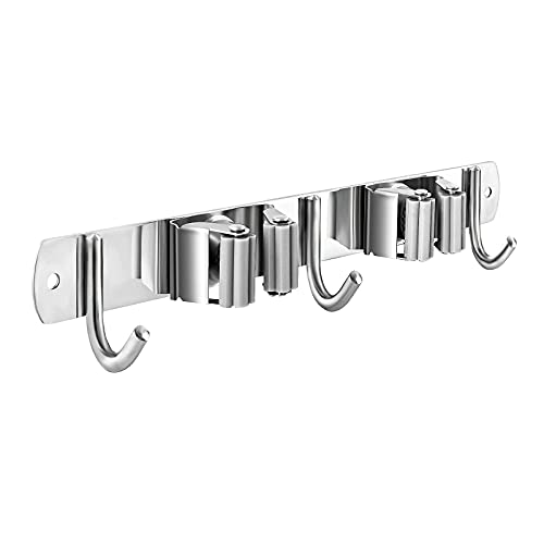 Broom and Mop Holder Wall Mounted, Broom Hanger Storage Rack, Stainless Steel Mop Hanger, Dustpan Holders with 2 Racks and 3 Hooks, Heavy Duty utility hooks for hanging brooms and mops