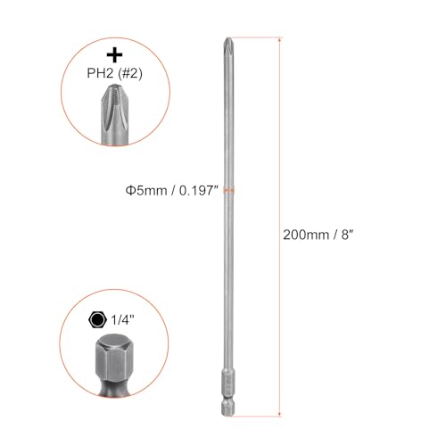 HARFINGTON 5pcs #2 Phillips Screwdriver Bit PH2 1/4" Hex Shank 8" (200mm) Long Magnetic S2 Steel Industrial Grade Screw Driver Bit Cross Head Electric Drill Bits 0.197" (5mm) Rod - size: PH2 x 200mm x 5mm