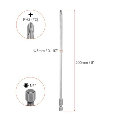 HARFINGTON 2pcs #2 Phillips Screwdriver Bit PH2 1/4" Hex Shank 8" (200mm) Long Magnetic S2 Steel Industrial Grade Screw Driver Bit Cross Head Electric Drill Bits 0.197" (5mm) Rod - size: PH2 x 200mm x 5mm