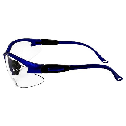 Global Vision Contender Bifocal Safety Glasses Blue Frame Clear Lens ANSI Z87+ for Men and Women Magnifying Reader 1.0 to 2.5 - size: 2.50