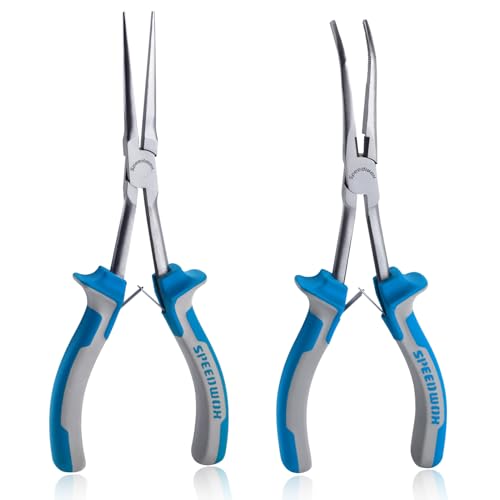 SPEEDWOX Long Reach Bent & Needle Nose Pliers with Smooth & Serrate Jaw | Needle Nose Pliers with Smooth Jaw & Bent Needle Nose Pliers With Serrated Jaw & Wire Cutter, Extra Long, Jewelry Making - style: 2PCS Needle Nose Pliers