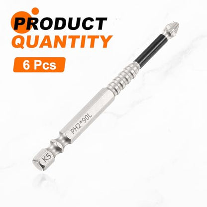 HARFINGTON 6pcs Impact Phillips Screwdriver Bit PH2 (#2) Anti Slip Tip 1/4" Hex Shank 3.54" (90mm) Long Magnetic Cross Screw Driver Industrial Power Drill Bits for Remove Fastening Screws - size: 3.54 inch