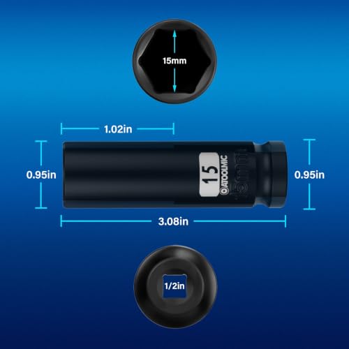 1/2 Inch Drive x 15mm Deep 6PT CR-MO Impact Socket for Removing Axle nut | Metric Socket,6-Point Radius Corner Design,Two Size Markings,Square Chamfered Opening,For Removal of Axle Nut - size: 15 mm, style: 1/2" Drive Deep Socket