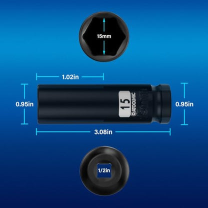 1/2 Inch Drive x 15mm Deep 6PT CR-MO Impact Socket for Removing Axle nut | Metric Socket,6-Point Radius Corner Design,Two Size Markings,Square Chamfered Opening,For Removal of Axle Nut - size: 15 mm, style: 1/2" Drive Deep Socket