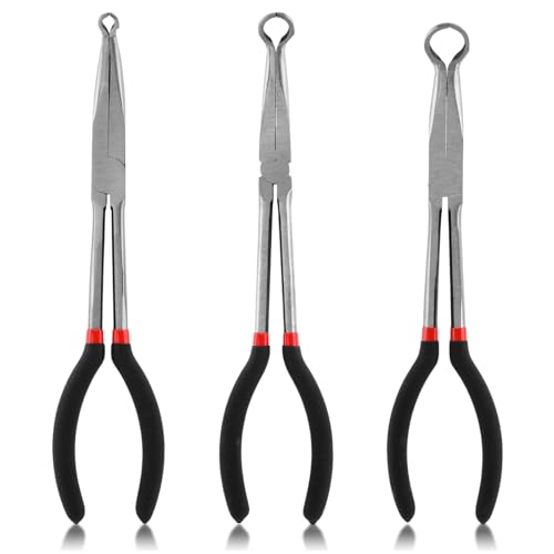 3Pcs 11" Hose Gripper Plier Set,Long Reach Hose Grip Pliers,5/16,1/2,3/4" Dia,Offset Spark Plug Boot Removal Pliers Serrated Jaws for Hard to Reach Narrow Spaces