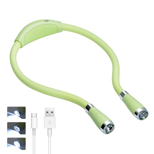LED Neck Book Light, Reading Light, USB-C Rechargeable, Hands Free, 4 Super Bright LED Bulbs, 3 Adjustable Brightness, Best for Reading in Bed, Knitting, Walking, Jogging, Mending (Green) - color: Green