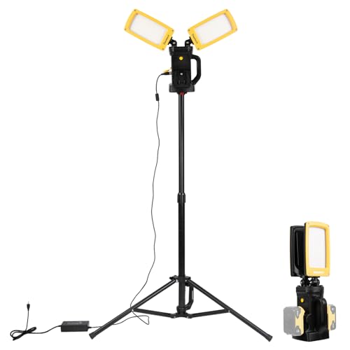 12000LM 85W Corded and Cordless LED Work Light with Tripod, Dual-Head Adjustable Jobsite Light, Compatible with DEWALT MILWAUKEE MAKITA 18-21V Battery, Flicker-Free for Auto Repair Electrical - color: Yellow, size: Power Adapter Included