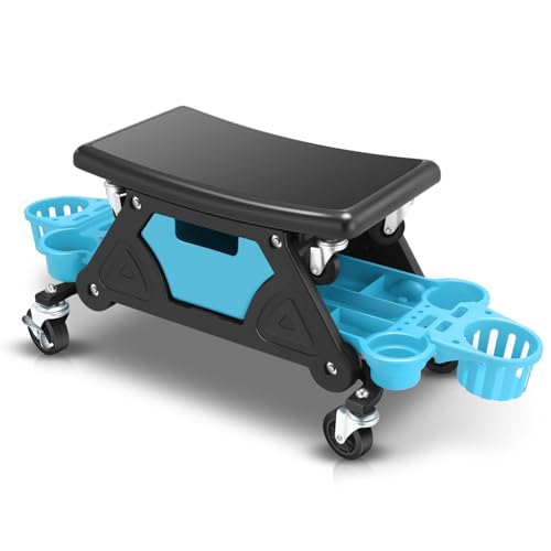 Auto Dynasty Rolling Mechanic Stool, 300 LBS Capacity Rolling Creeper Garage Shop Seat with Removable Storage Tool Trays, Mechanic Chair with Lockable Swivel Wheels for Workshop Auto Repair, Sky Blue - color: Sky Blue