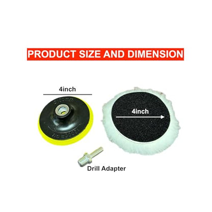 Lambswool Polishing Pads Sheepskin Buffing Pads, 7 Piece Set. Includes 5 Lambs Wool Cutting Pads with Hook, 1 Backing Plate and 1 Drill Attachment - Wool Buffs (4 Inch) - size: 4 Inch